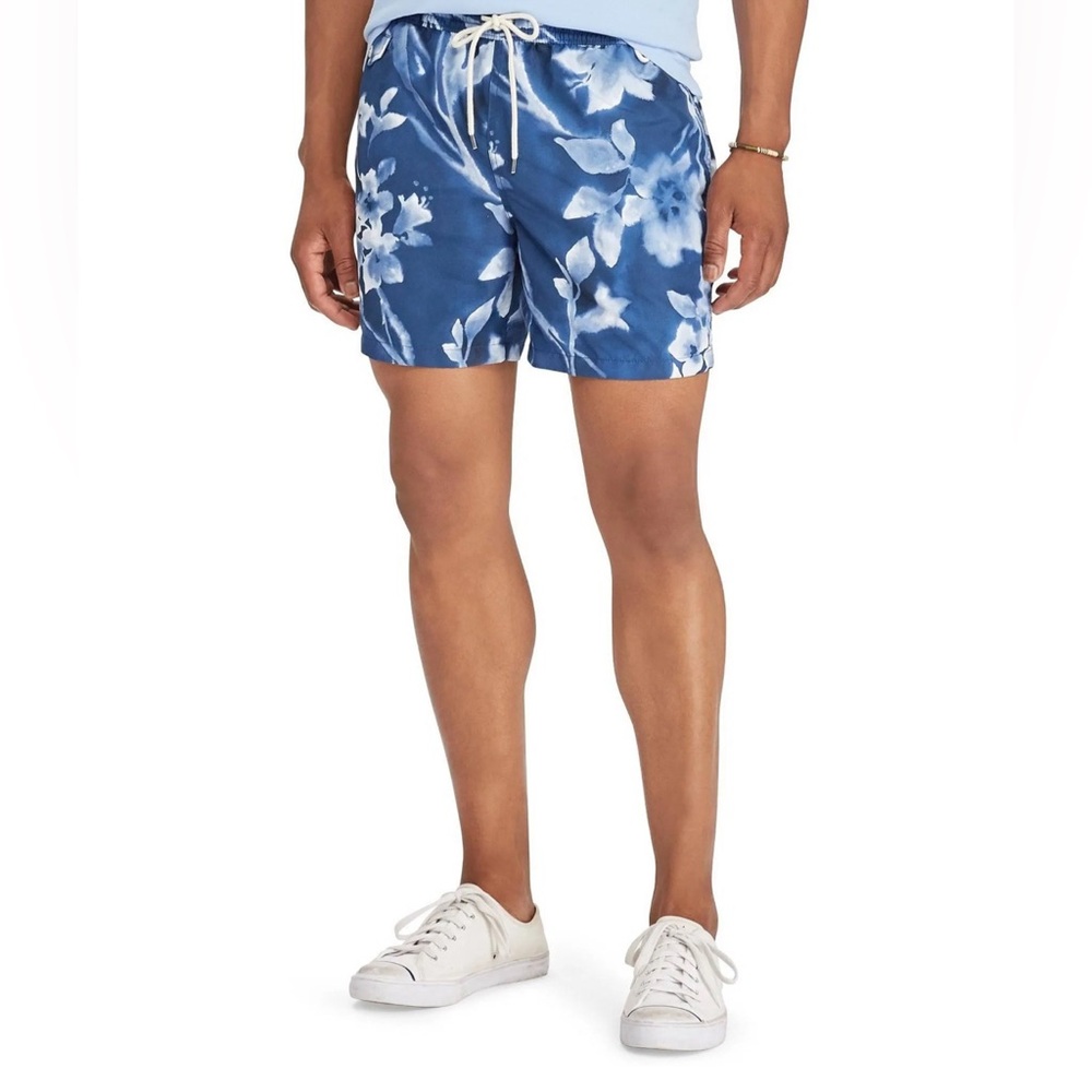 Polo‎ Ralph Lauren Blue Floral Traveler Swim Trunks 5" Inseam Men's Medium EUC